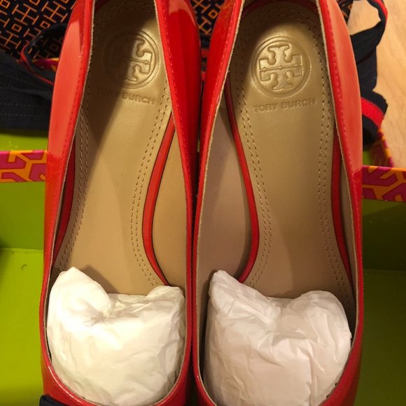 Tory Burch Women's red patent leather bow ballet flats shoes with lacing size7 - Picture 6 of 8